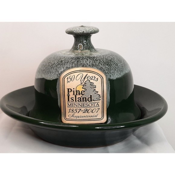 Hand Thrown Green Cheese Bell Dome Butter Dish PINE ISLAND Gray Fox Pottery MN - Picture 1 of 8